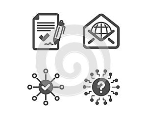 Approved agreement, Survey check and Web mail icons. Question mark sign. Vector