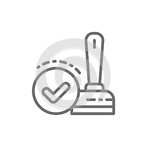 Approved, check mark stamp, verification, validation, quality control line icon.