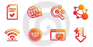Approved checklist, World mail and Seo message icons set. Wifi, Integrity and Tips signs. Vector