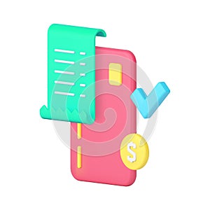 Approved digital payment credit debit card bill receipt shopping purchase 3d icon realistic vector