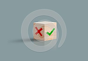 Approved disapproved symbols Concept, true false, yes or no on wooden 3D block. Evaluation, feedback and Business Review Concept