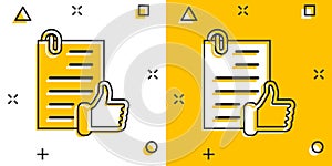 Approved document icon in comic style. Authorize cartoon vector illustration on white isolated background. Agreement check mark