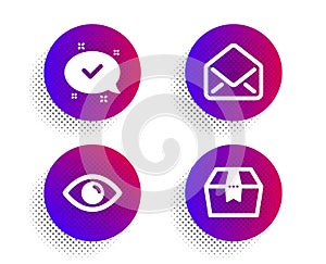 Approved, Eye and Mail icons set. Package box sign. Chat message, View or vision, E-mail. Delivery goods. Vector