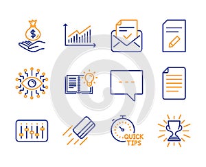 Approved mail, Blog and Graph icons set. Credit card, File and Artificial intelligence signs. Vector