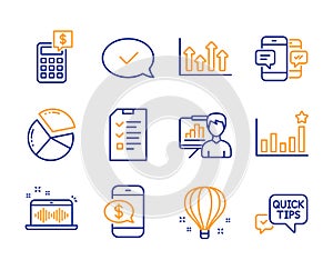 Approved message, Efficacy and Presentation board icons set. Vector