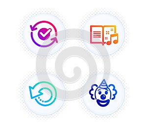 Approved, Music book and Recovery data icons set. Clown sign. Refresh symbol, Musical note, Backup info. Vector