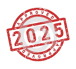 Approved 2025 red stamp. Grange mark in red paint on white background. Vector