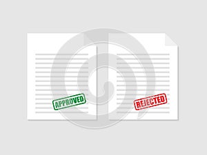 Approved and rejected rubber stamp on document, green and red color. Vector illustration.
