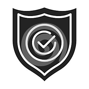 Approved safety black glyph icon. Safeguard check mark concept. Security, protection element. Sign for web page, mobile app.