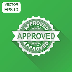 Approved seal stamp icon. Business concept approve accepted badge pictogram. Vector illustration on green background with long sh