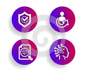 Approved shield, Analytics chart and Share icons set. Artificial intelligence sign. Vector