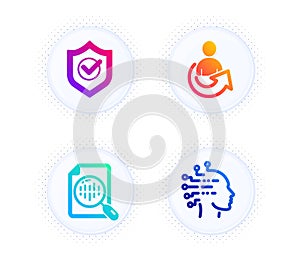 Approved shield, Analytics chart and Share icons set. Artificial intelligence sign. Vector