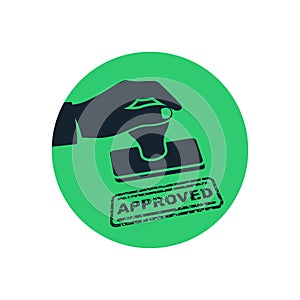 Approved stamp black icon. Green approved stamp in hand businessman.