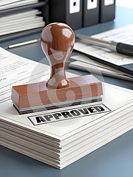 Approved stamp on documents in organized office workspace
