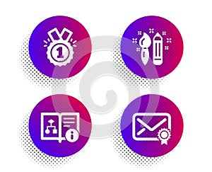 Approved, Technical algorithm and Creativity icons set. Verified mail sign. Vector