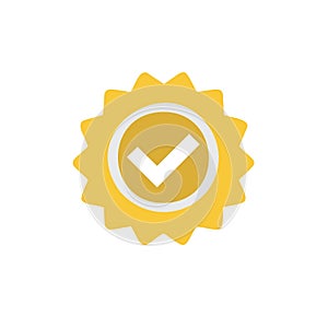 Approved or Verified Icon, Yellow Badge with Check Mark, Isolated on White Background