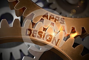 Apps Design Concept. Golden Cogwheels. 3D Illustration.