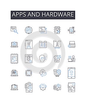 Apps and hardware line icons collection. Independence, Autonomy, Resourcefulness, Creativity, Agility, Boldness