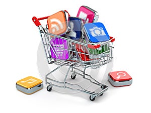 Apps icons in shopping cart. Store of computer software.