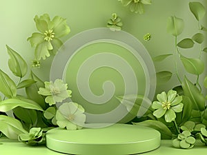 green podium and flowers on background, AIGENERATED photo