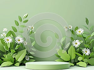green podium and flowers on background, AIGENERATED photo