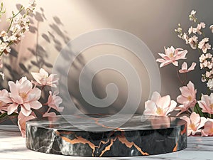 Black Marble Podium, Flowers Background,Aigenerated photo