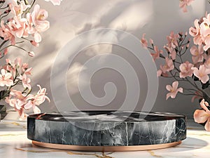 Black Marble Podium, Flowers Background,Aigenerated photo