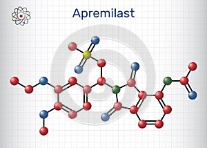 Apremilast drug molecule. It is non-steroidal medication. Molecule model. Sheet of paper in a cage