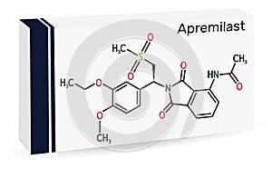 Apremilast drug molecule. It is non-steroidal medication. Skeletal chemical formula. Paper packaging for drugs