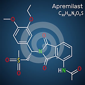 Apremilast drug molecule. It is non-steroidal medication. Structural chemical formula on the dark blue background