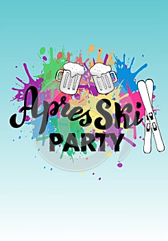 Apres ski party leaflet. Trendy lettering logo banner. Skiing resort poster. Vector.