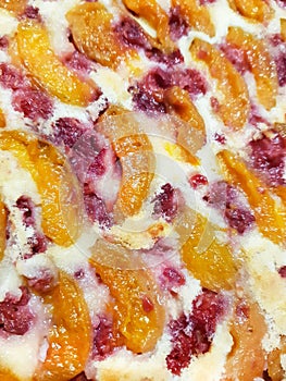 Apricot berry sponge cake. home festive baking. food background