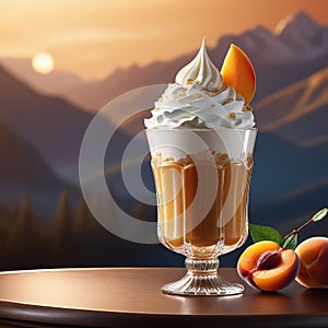 Apricot dessert with whipped cream in a glass and orange, apricot collage, 3D rendering, professional banner with copy space,
