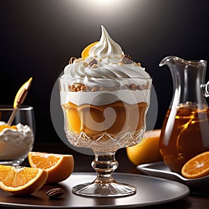 Apricot dessert with whipped cream in a glass and orange, apricot collage, 3D rendering, professional banner with copy space,