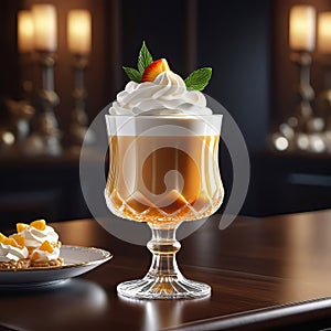 Apricot dessert with whipped cream in a glass and orange, apricot collage, 3D rendering, professional banner with copy space,