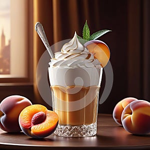 Apricot dessert with whipped cream in a glass and orange, apricot collage, 3D rendering, professional banner with copy space,