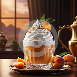 Apricot dessert with whipped cream in a glass and orange, apricot collage, 3D rendering, professional banner with copy space,