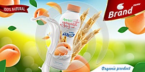Apricot Drinking yogurt bottle with oats on bright summer background branding ready commercial flyer realistic illustration