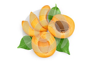 Apricot fruit with half and slices isolated on white background. Clipping path. Top view. Flat lay