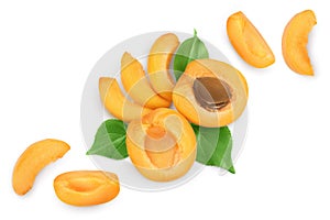 apricot fruit with half and slices isolated on white background. Top view. Flat lay