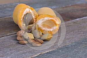 Apricot fruit with pips and kernels photo