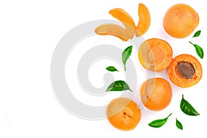 Apricot fruits with leaves isolated on white background with copy space for your text. Top view. Flat lay pattern