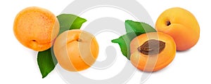 Apricot fruits with leaves isolated on white background, Top view. Flat lay