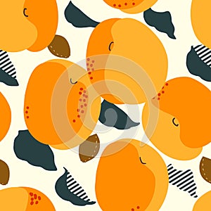 Apricot fruits seamless pattern. Fresh apricots, leaves, stones