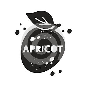 Apricot grunge sticker. Black texture silhouette with lettering inside. Imitation of stamp, print with scuffs