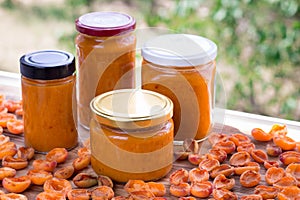 Apricot jam cans cooked from summer harvest of melow berries