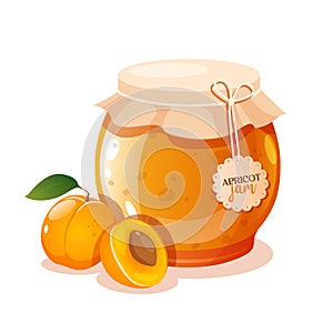 Apricot jam in a glass jar with fresh apricot fruit