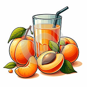 Apricot juice and fresh apricots with juice drops. Illustration on a white background