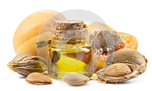 Apricot kernel oil and apricot kernels isolated on the white background