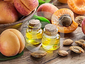 Apricot kernel oil and apricot kernels on wooden background